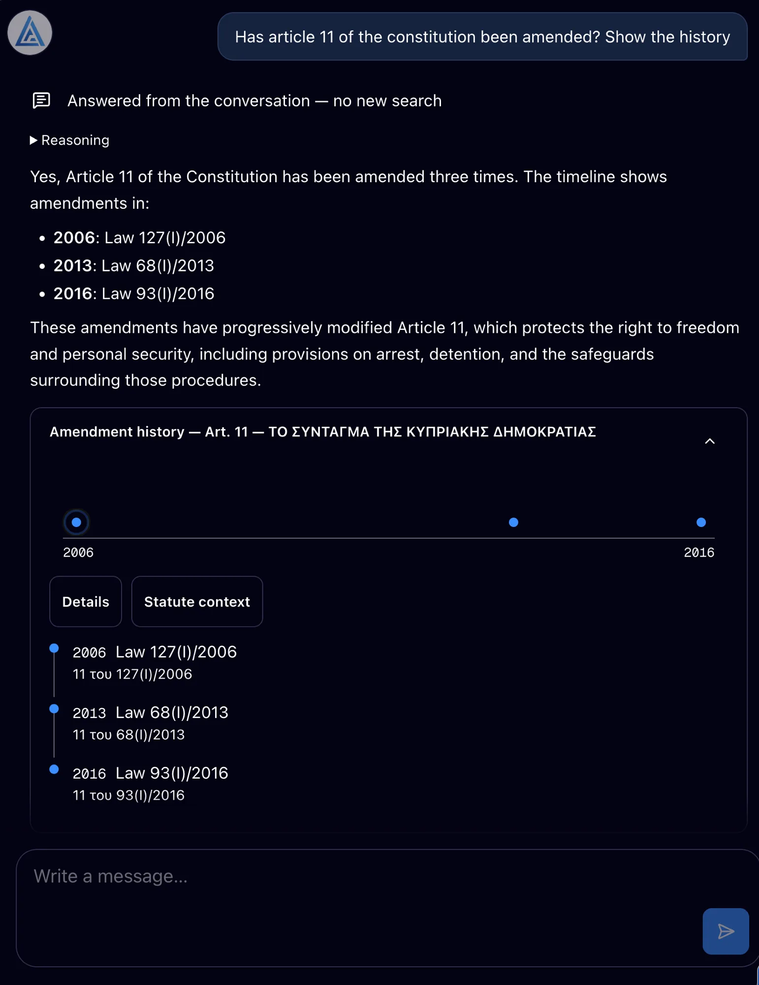An amendment timeline inside a chat answer, marking each amending law and the text it changed.